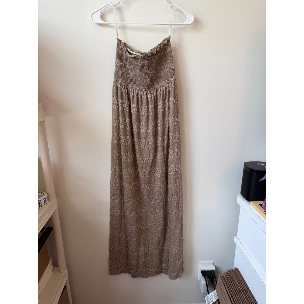 Espresso Brown Lace Metallic Smocked Strapless Maxi Dress Boho Shimmer Medium
